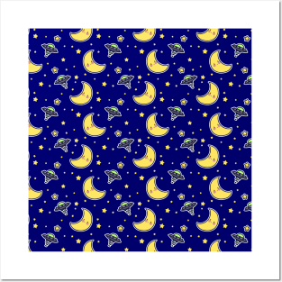 UFO Star and Moon Pattern Posters and Art